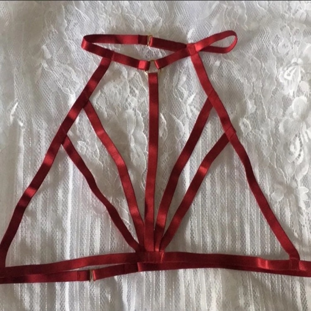New! Wine Halter Strap Cage Bra - Picture 3 of 6